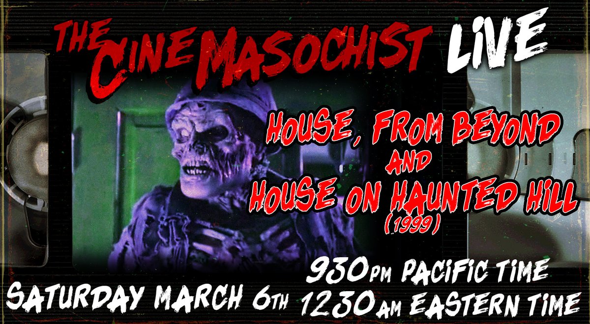 Lets go into some scary houses and shit! HOUSE, From Beyond and House on Haunted Hill (1999) on Cine-Masochist LIVE Tonight at 9:30pmPT 12:30amET twitch.tv/therealcinemas… #HauntedHouses #HorrorMovieNight #Lovecraft #MutantFam