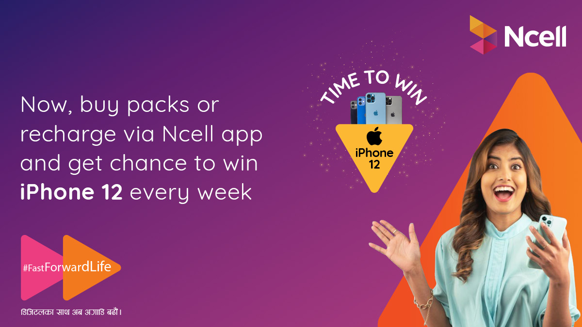 Ncell's tweet photo. Download the new Ncell app, recharge or purchase any data or voice packs and stand a chance to win an iPhone 12. Buying packs or recharging through our chatbot Maya will also be eligible.
For more information: https://t.co/LcpWCwmLtd
#FastForwardLife #Download&Win https://t.co/1ydHdAuwJn