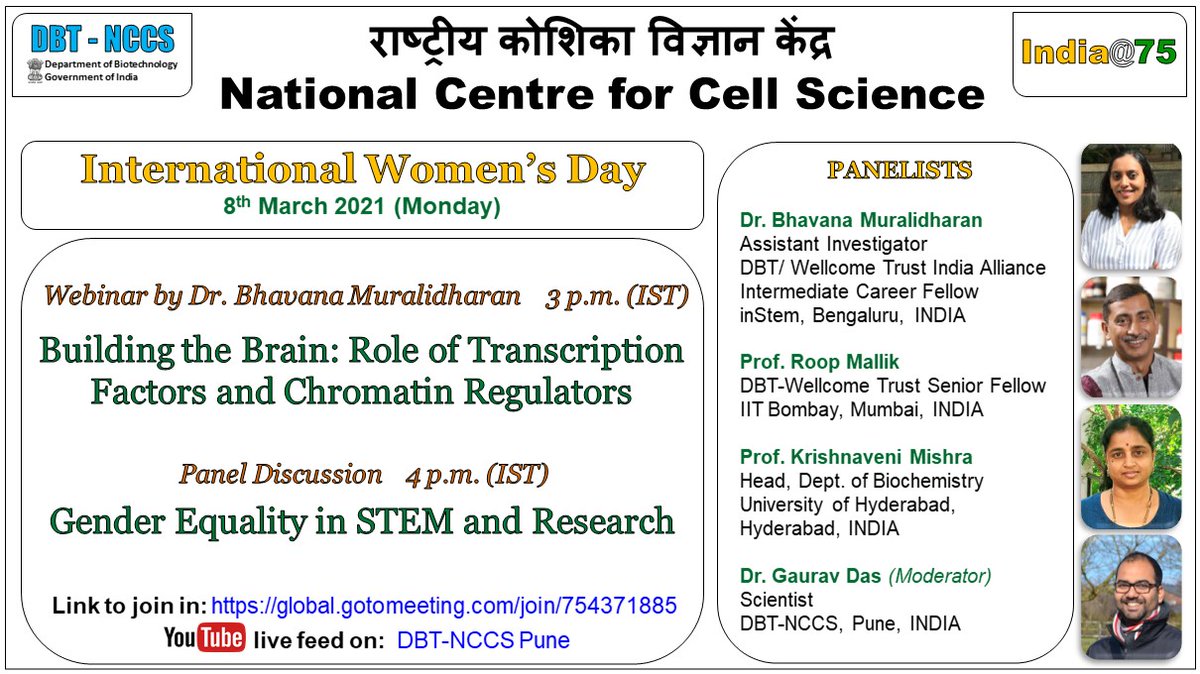 DO PARTICIPATE! 
Addressing #GenderDisparity in #STEM through candid discussions on #internationalwomensday2021(4 PM). We are also proud to host a talk by Bhavana, our alumna and recipient of the ‘Har Gobind Khorana-Innovative Young Biotechnologist 2020 Award’ (3 PM).