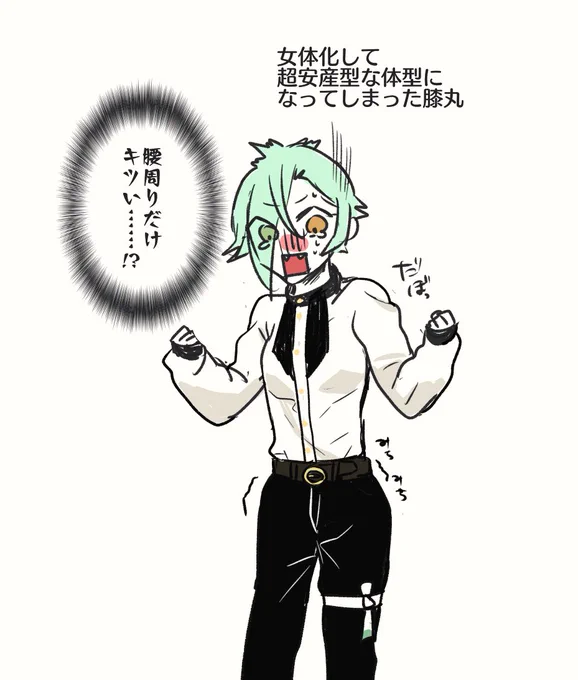 ※女体化注意
先ほどツイートした女体化して腰周りが大きくなり履いているズボンやベルトだけがキツくなってしまうシチュエーションなんですが、膝丸くんに犠牲になってもらいました 