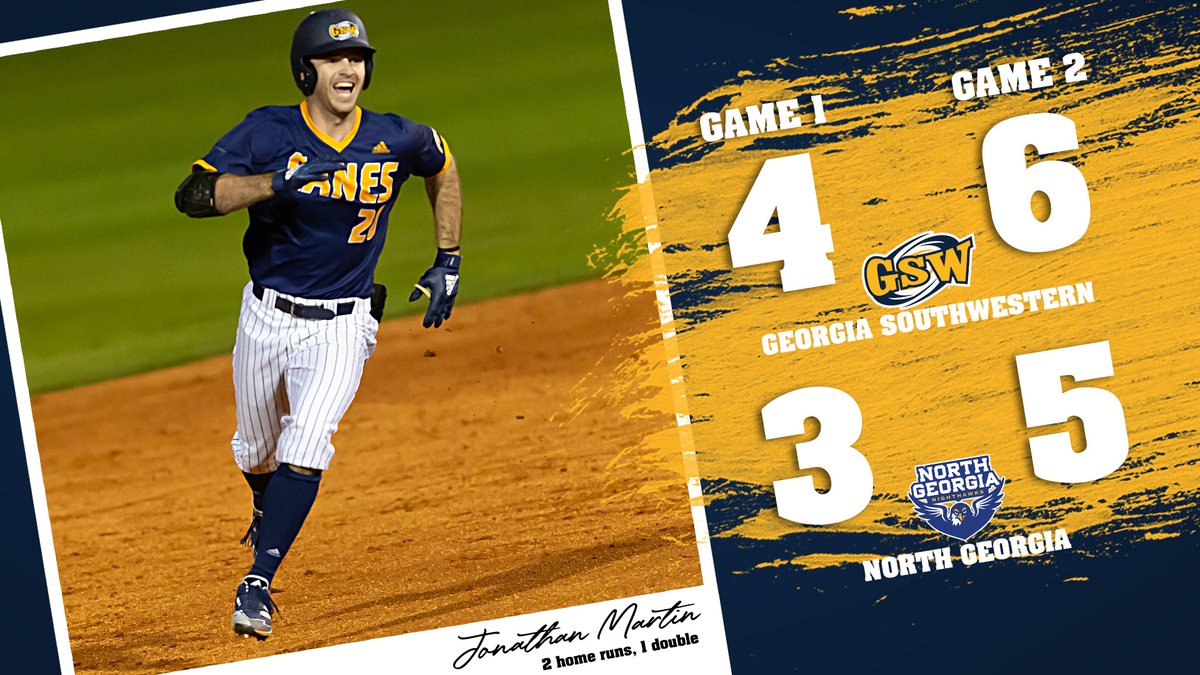 GSWAthletics's tweet photo. CANES WIN! CANES WIN!

Late inning heroics for @GSW_Baseball in both games of today's DH against North Georgia with a walk-off infield single in opener &amp; an 8th inning 💣 in nightcap.

Jonathan Martin homered in 1st inning of Game 1 &amp; then provided the 8th inning blast in Game 2. https://t.co/cnWluMcwaT