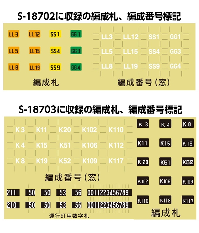 列車 編成番号札 掛け 丸穴タイプ それぞれの編成札、編成番号標記はこのような収録内容。 #グリーン