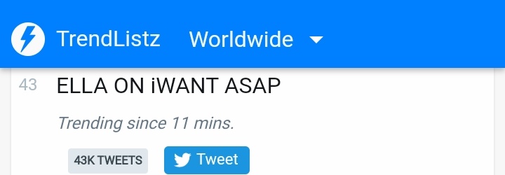 EllaTrendsetter's tweet photo. [TREND UPDATE] 

"ELLA ON iWANT ASAP" is trending at sixth spot NATIONWIDE and number forty three spot WORLDWIDE. 

ELLA ON iWANT ASAP https://t.co/orzfVVPpjT