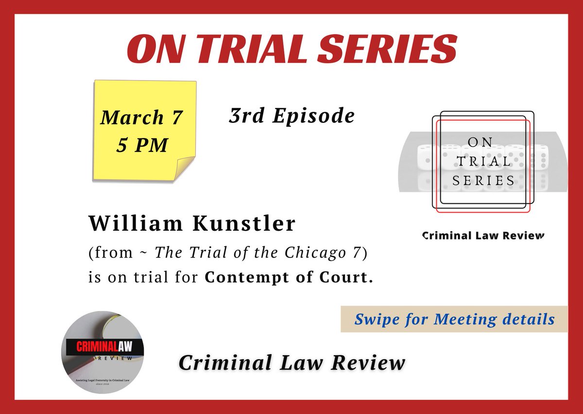crlreview's tweet photo. We're excited for the 3rd episode of the On Trial Series

Join us @ 5 PM today for a fun and insightful session as we put William Kunstler on trial for criminal contempt

**WebEx Meeting Details**
Meeting number: 184 366 0427
Password: contempt7

#contempt  #OnTrialSeries #CrLR https://t.co/nTPr7unHyz