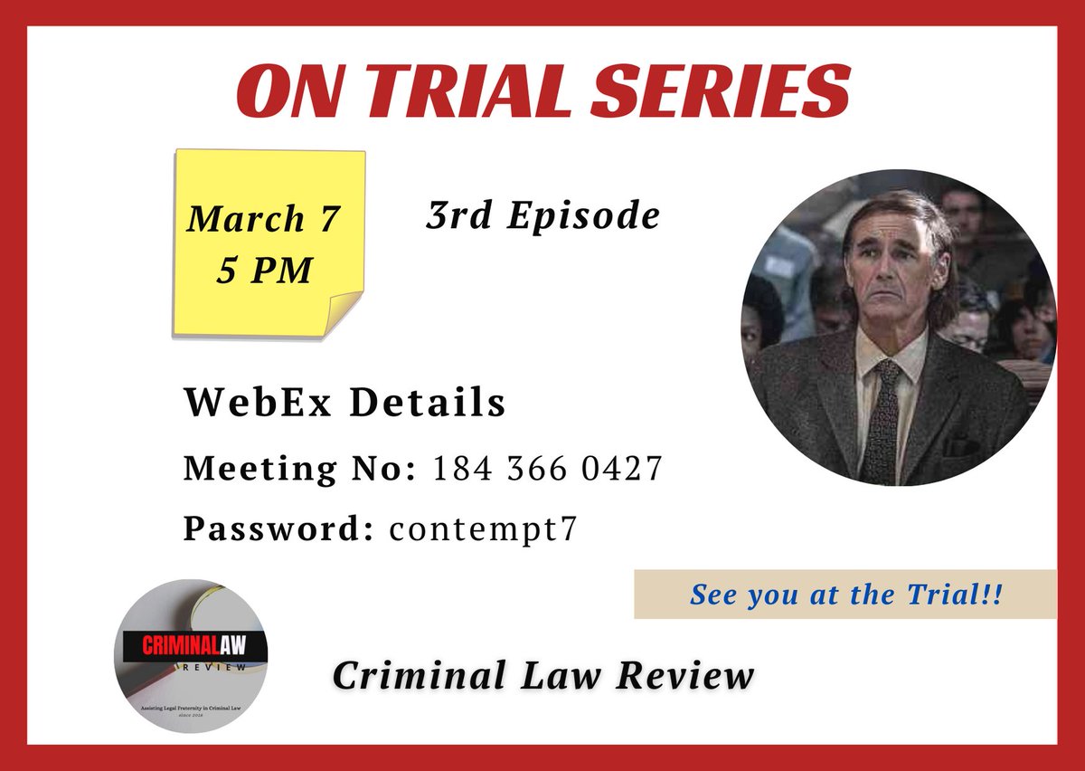 crlreview's tweet photo. We're excited for the 3rd episode of the On Trial Series

Join us @ 5 PM today for a fun and insightful session as we put William Kunstler on trial for criminal contempt

**WebEx Meeting Details**
Meeting number: 184 366 0427
Password: contempt7

#contempt  #OnTrialSeries #CrLR https://t.co/nTPr7unHyz