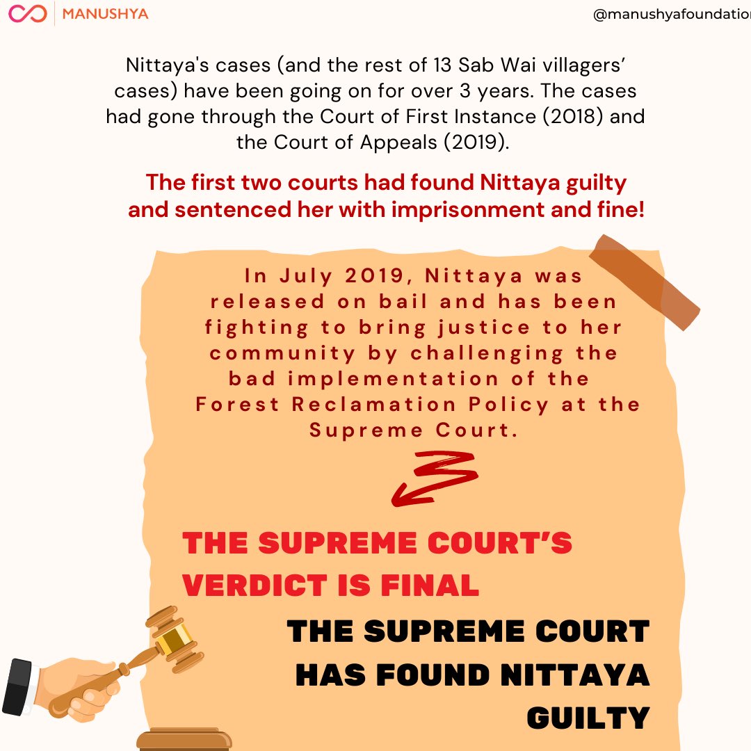 Nittaya is walking free but the court still rules her guilty! #SaveNittaya 

Last Wednesday, #Thailand Supreme Court has found Nittaya guilty with a suspended jail term of 3 years &amp; she was put on probation, with 20,000 THB fine. Nittaya is free! she doesn't have to go to jail!