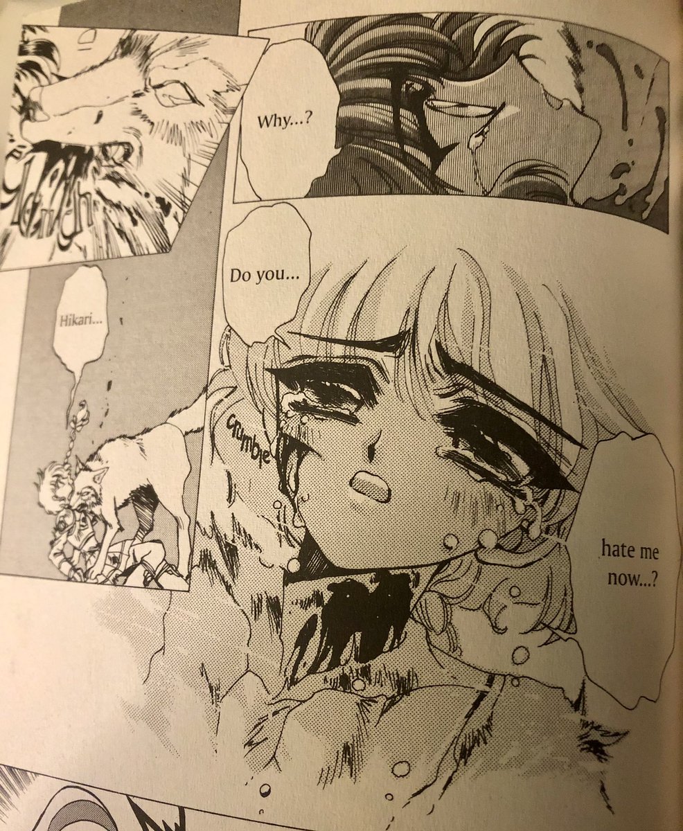 Cw illustrated blood, wounds in the second photo. Once again I drag out my shitty flipped childhood copies of Magic Knight Rayearth to call out my baby self. Stole that line directly, didja? Adorable.