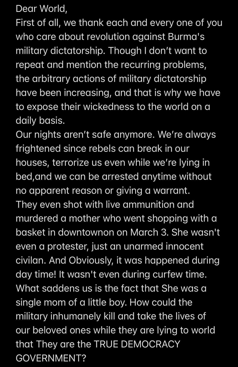 MilkTeaMM_MTAM's tweet photo. Open letter from Myanmar's Citizens. Situations Happening in Myanmar and all the Fear and concern of staying under the Military boot are included. We all strongly condemn the Military Coup and Reject Dictatorships. 
#SaveMyanmar 
#WhatsHappeningInMyanmar https://t.co/Bsqfoy7NtE