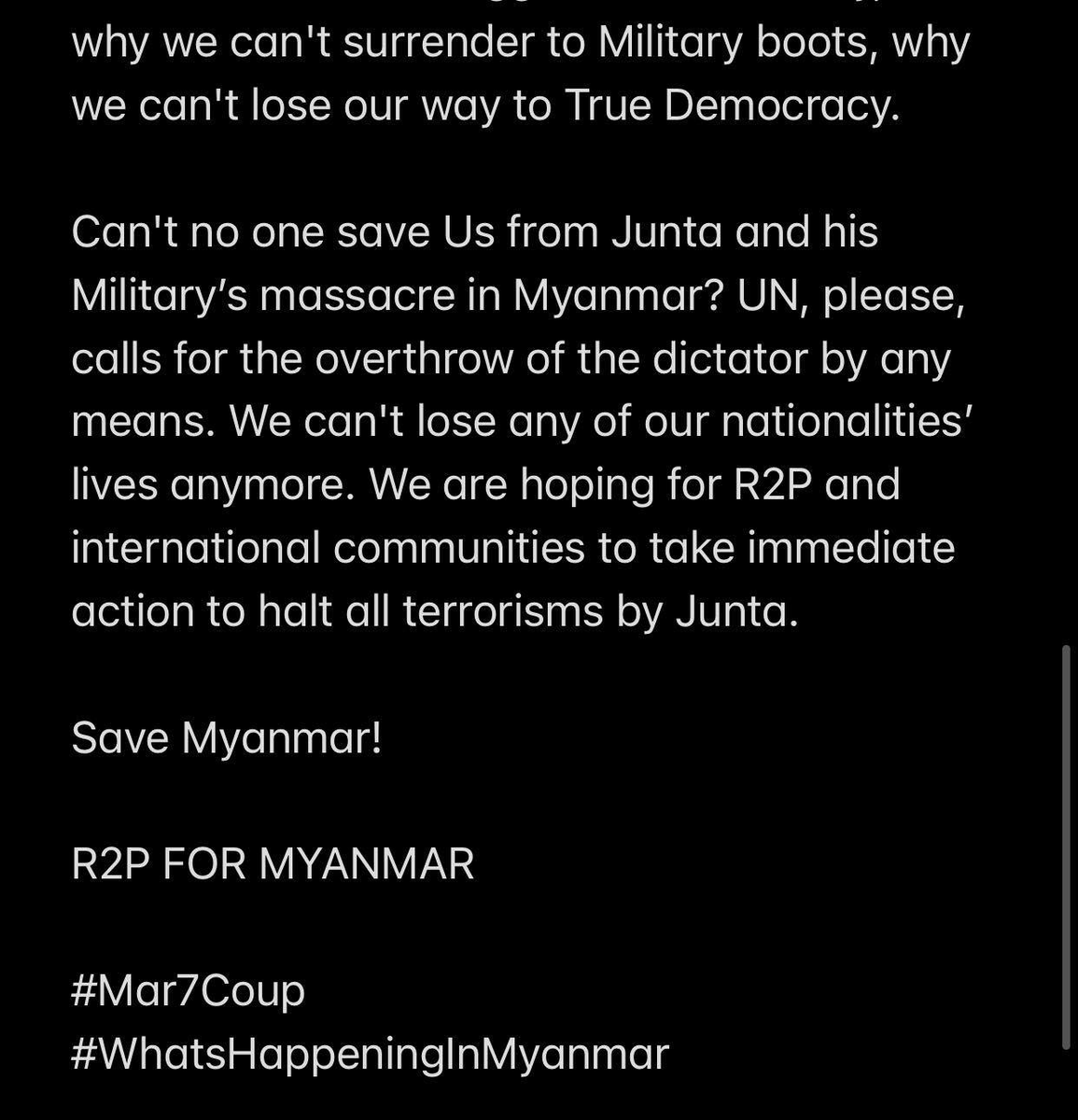 MilkTeaMM_MTAM's tweet photo. Open letter from Myanmar's Citizens. Situations Happening in Myanmar and all the Fear and concern of staying under the Military boot are included. We all strongly condemn the Military Coup and Reject Dictatorships. 
#SaveMyanmar 
#WhatsHappeningInMyanmar https://t.co/Bsqfoy7NtE