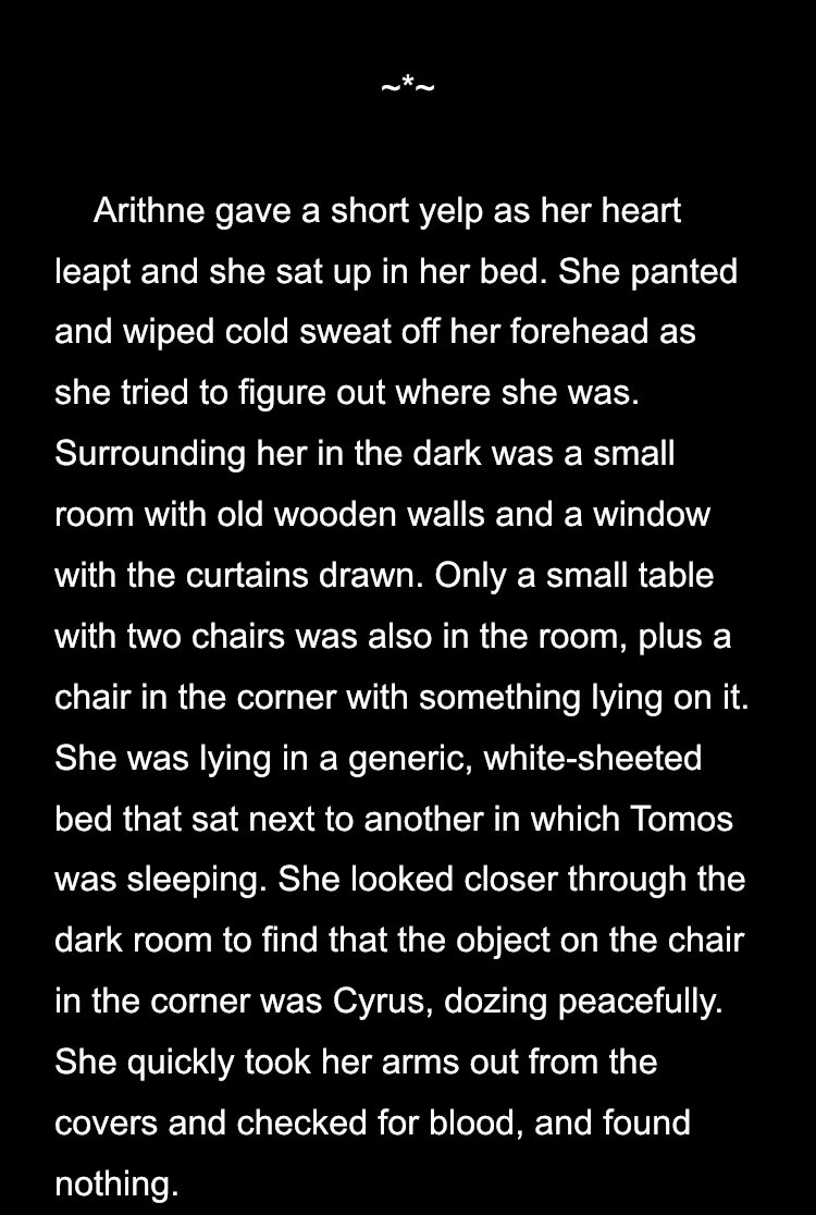 And WOW SURPRISE it was a dream. I’m sure at the time I thought this was a suspenseful way to start the chapter and nobody would realize what was happening until the paragraph break. I wonder if I intended Arithne to be this insufferably childish.