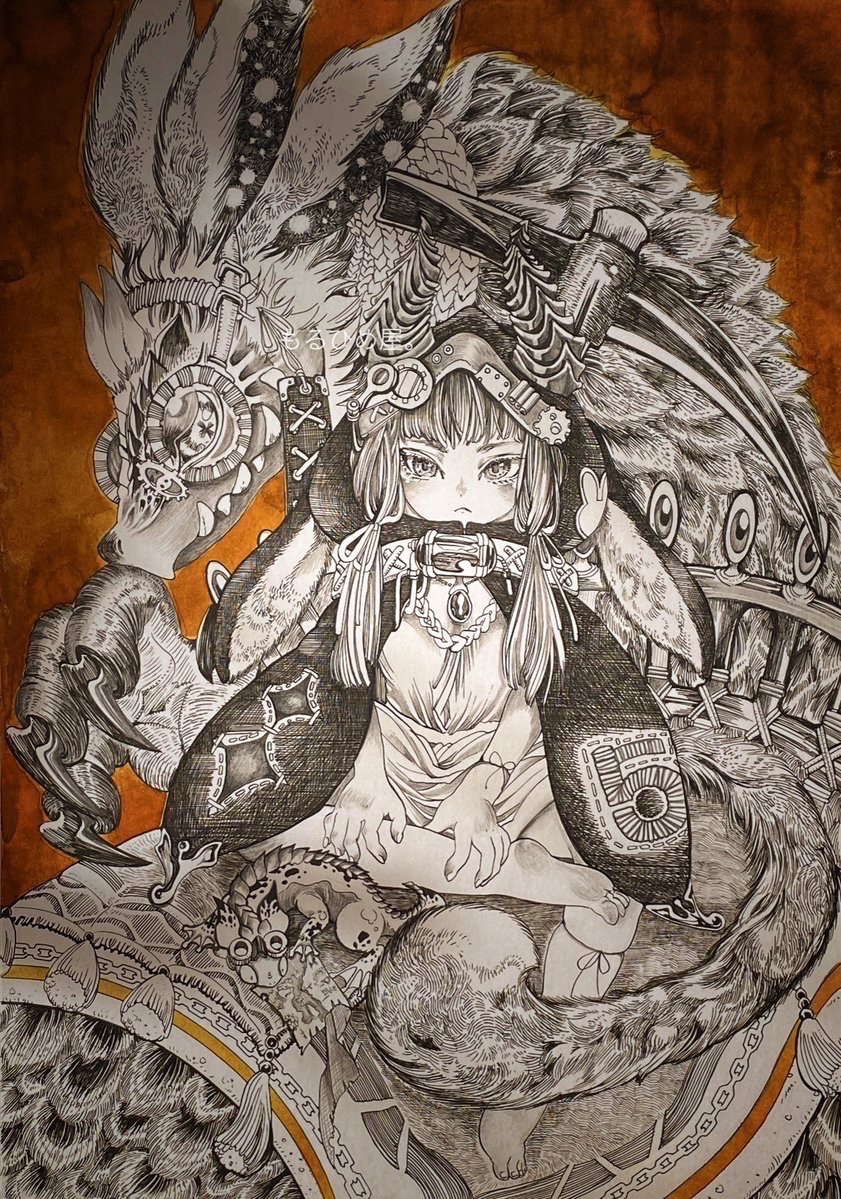 もるひめ屋 人形部屋 ペン画 ペン画を流してペン画民を増やそう イラスト完成 ドラゴンと用心棒 使用画材 丸ペン 製図用インク カラーインク ミリペン 鉛筆 T Co Dheg2hfl7w Twitter