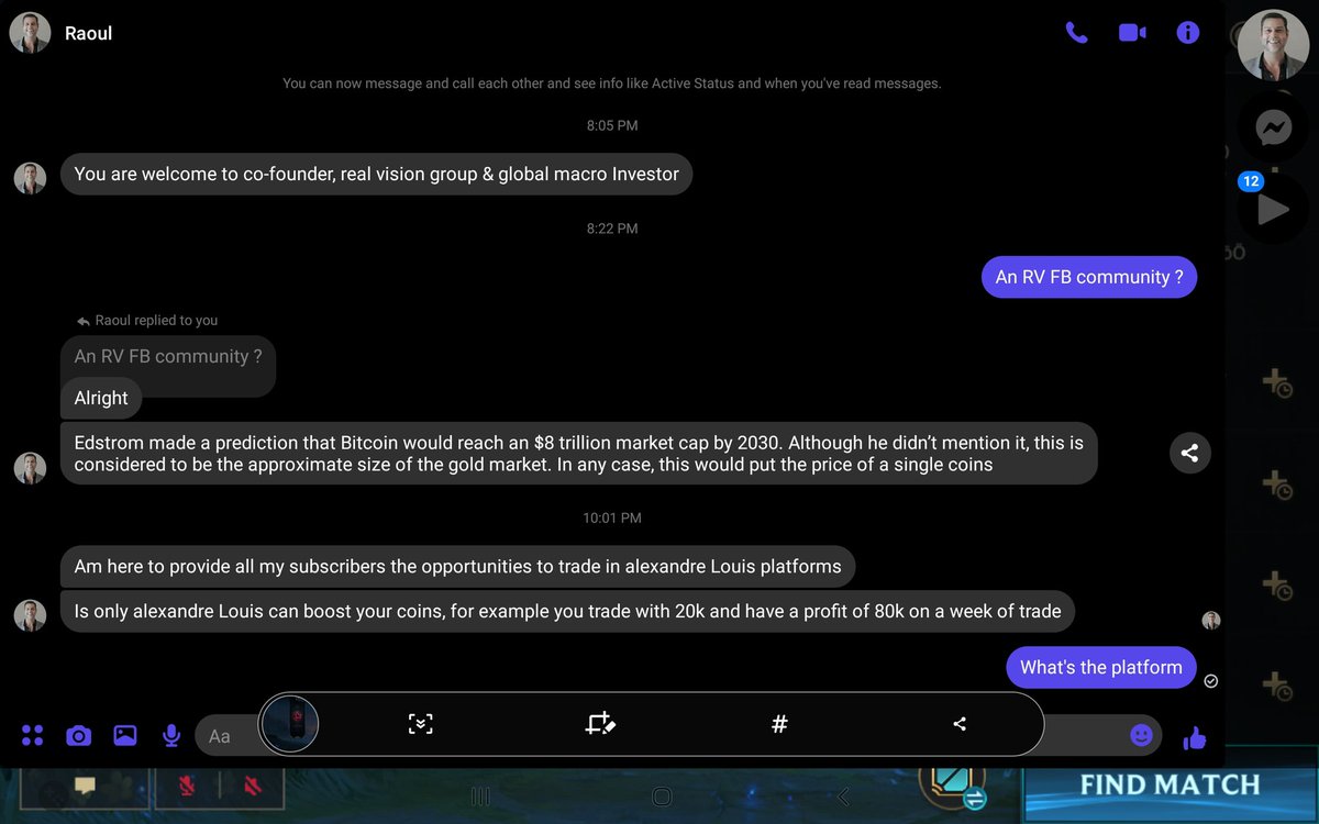 tungasaurus's tweet photo. There is a dude posing as @RaoulGMI reaching out to various FB investment communities, looks like a crypto scam. https://t.co/XI3xuk0tHO