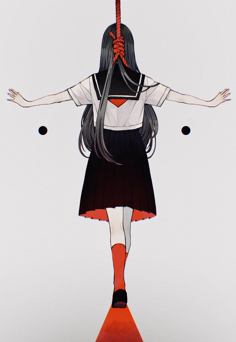 1girl solo skirt long hair black hair school uniform outstretched arms  illustration images
