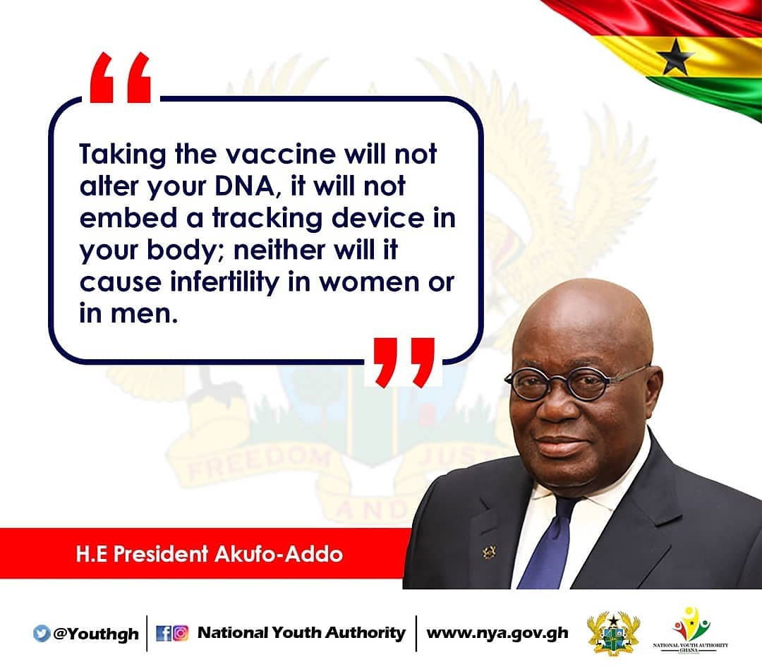 Youthgh's tweet photo. H.E the President Demystifies Misconceptions and Negative Theories About C-19 Vaccine!!!

#NationalYouthAuthority #NYA #FacilitatingYouthDevelopment #Covid19 #COVID19Ghana #CoronaVirusGhana
#SpreadCalmNotFear #NYA_Covid19_Youth_Campaign https://t.co/xHIEVDfHyG