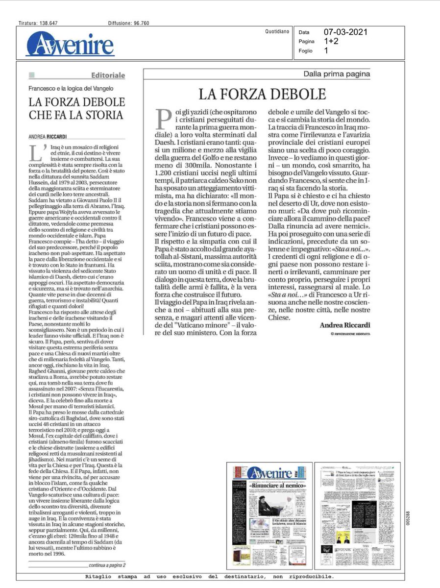 santegidionews's tweet photo. La forza debole che fa la storia: quella del Vangelo da cui scaturisce una forza di pace. L’editoriale di Andrea #Riccardi sul viaggio di #papafrancesco in #iraq ⁦@Avvenire_Nei⁩ https://t.co/cuXgus5PSP