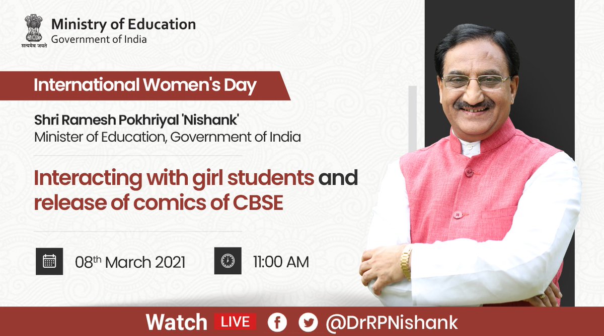 EduMinOfIndia's tweet photo. On the occasion of #InternationalWomensDay, Minister of Education, Government of India Shri @DrRPNishank will be interacting with girl students &amp; releasing comics of @cbseindia29. https://t.co/R439YVCzWk