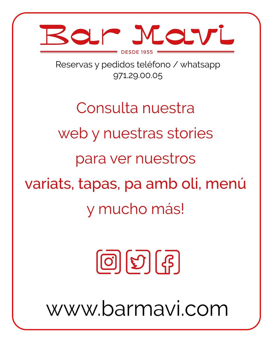 barmavi's tweet photo. Puedes consultar diariamente nuestra web ➡️ https://t.co/KjPYosCCVo o nuestras stories para ver nuestros variats, tapas, pa amb oli, menú y mucho más! 
#BarMavi https://t.co/xMi0Cu4HAX