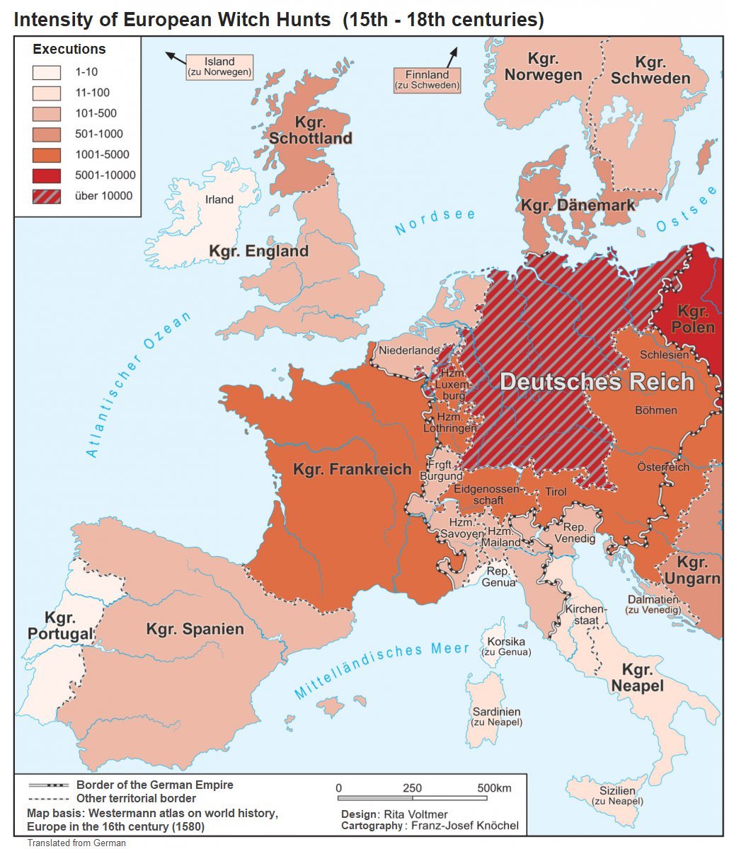 xruiztru's tweet photo. Number of alleged โwitchesโ and killed in each country (15th - 18th century).
Of the estimated 90,000 prosecuted for witchcraft, at least 30,000 came from Germany. https://t.co/HAqx97APbl