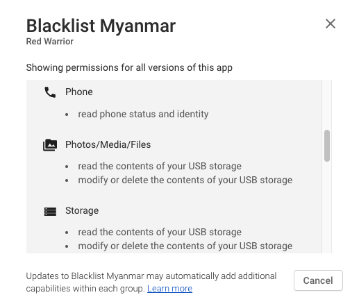 JusticeMyanmar's tweet photo. ‼️ WARNING we have received a msg to promote a boycott app. We think this app is malicious because of the unreasonable and unnecessary permissions that will seriously compromise your privacy. DO NOT download this app. 👇🏽👇🏽 

Pls share this message. #Mar7Coup #MyanmarCoup #Myanmar https://t.co/Yw2eqEs9lq