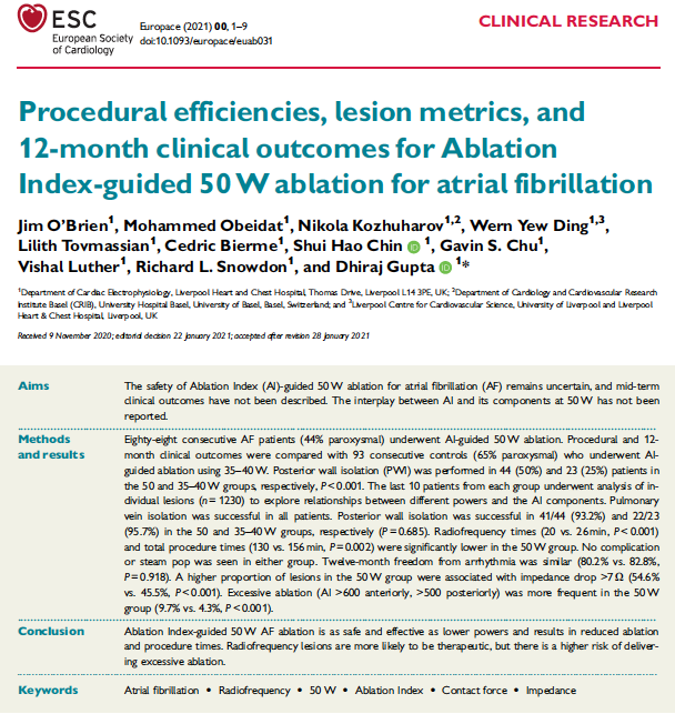 DhirajGuptaBHRS's tweet photo. Our Ablation Index guided 50W #AF ablation paper published in @ESC_Journals 

Excellent 12-month results, safety (zero steam pop)
Much shorter Abl and procedure times than AI-guided 35-40W
https://t.co/KZsZvxFgYH

@jongichun @BorisSchmidt5 @LHCHFT #EPeeps 
1/3 https://t.co/Ggt2LvaWQx