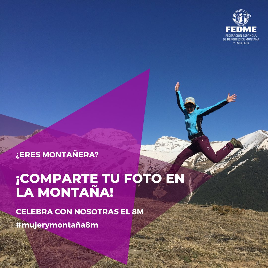 fedme_es's tweet photo. 🏔️ ¿Eres montañera? 📸 Comparte tu foto en la montaña usando el hashtag #mujerymontaña8m. 

🙋‍♀️ Únete a la campaña de la FEDME para visibilizar a la mujer en la montaña con motivo del #8m

🏔️¡Somos montañeras!
👭 Somos cordada ...  ¡Femenina! https://t.co/CPAhEhSyzk