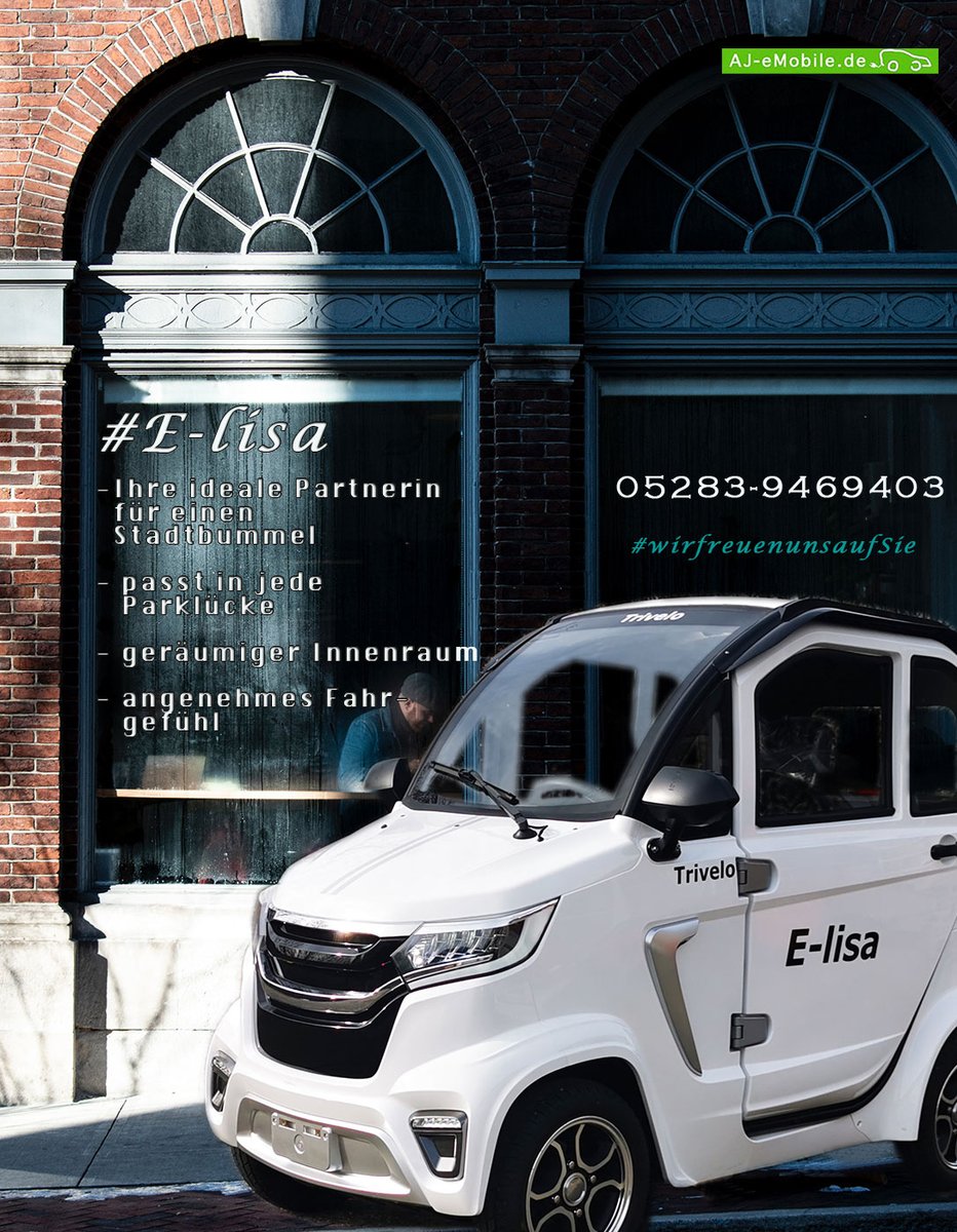 EmobileAj's tweet image. Die #ELisa - Ihre ideale #Partnerin für einen #Stadtbummel 😀.
Klein, sparsam, paßt in jede Parklücke 😎.
Überraschend, großzügige Innenraumangebot, spritzige Fahrweise (trotz 45 Km/h), niedrige Einstiegshöhe. AM-Führerschein! #wirfreuenunsaufsie #wirfreuenunsaufeuch
#Stadtleben
