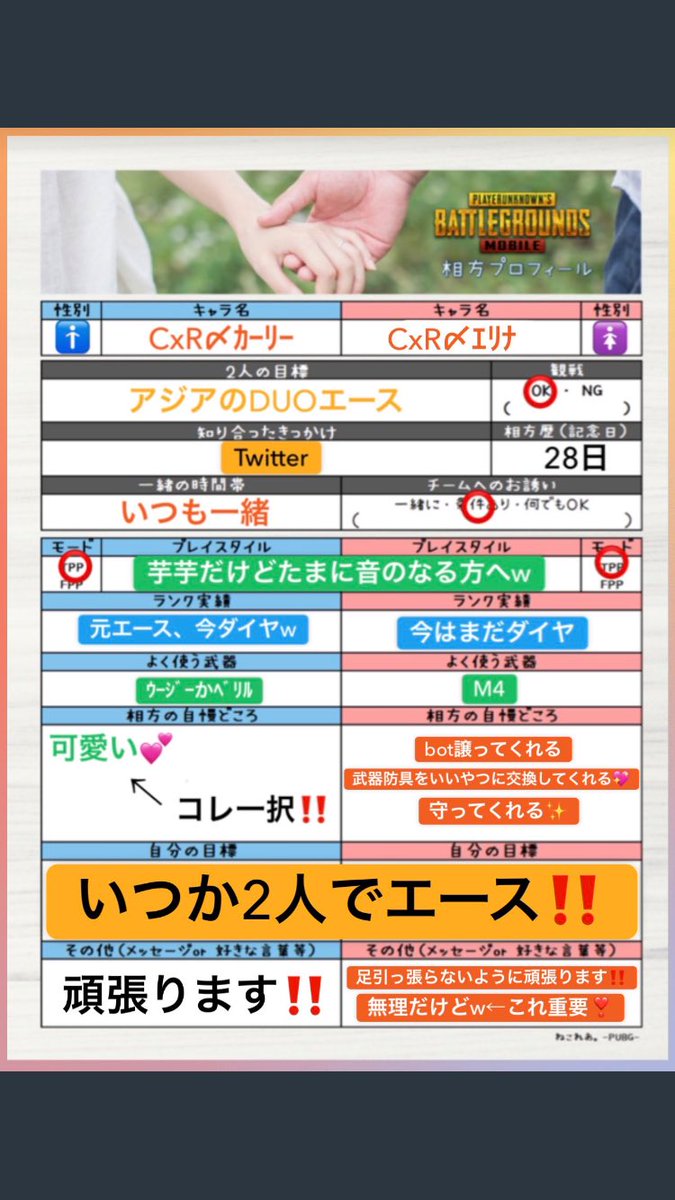 エリナっち 新しいクランに変わったので 履歴書更新します 一緒に相方履歴書も載せ直します よろしくお願いします 名前もエリナっちからクランタグ 付きの名前に変更しましたので フォロワー様 フレンド様 把握よろしくお願いします