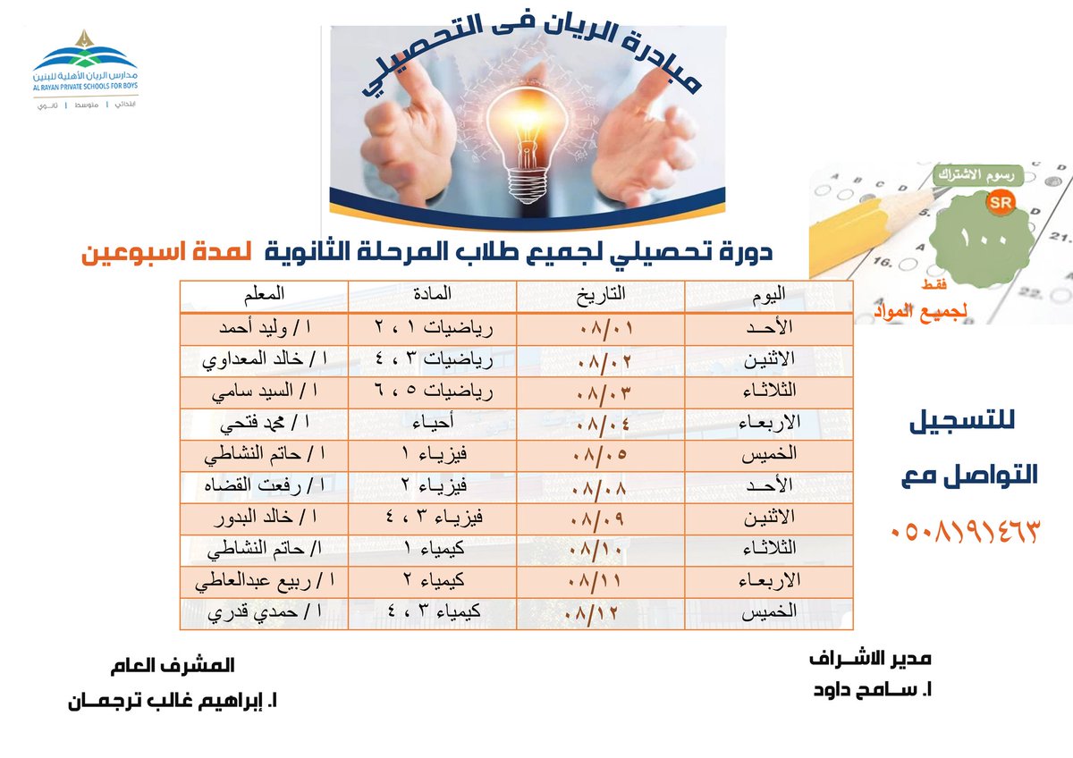 مدارس الريان الأهلية المرحلة الثانوية بنين Twitterren مساهمة من مجمع مدارس الريان الأهلية للبنين لابناء طيبة الطيبة تقدم دورة فى الاختبار التحصيلي لمدة أسبوعين لجميع المواد بسعر رمزي ١٠٠ ريال حسب الجدول