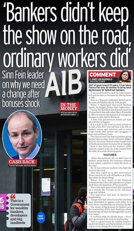 HERE WE GO AGAIN. Fianna Fáil had been out of government for 10 years but it has taken them only 10 months back in office - with Fine Gael - to bring back bonuses for bailed-out bankers.  This shows why we need change like never before.