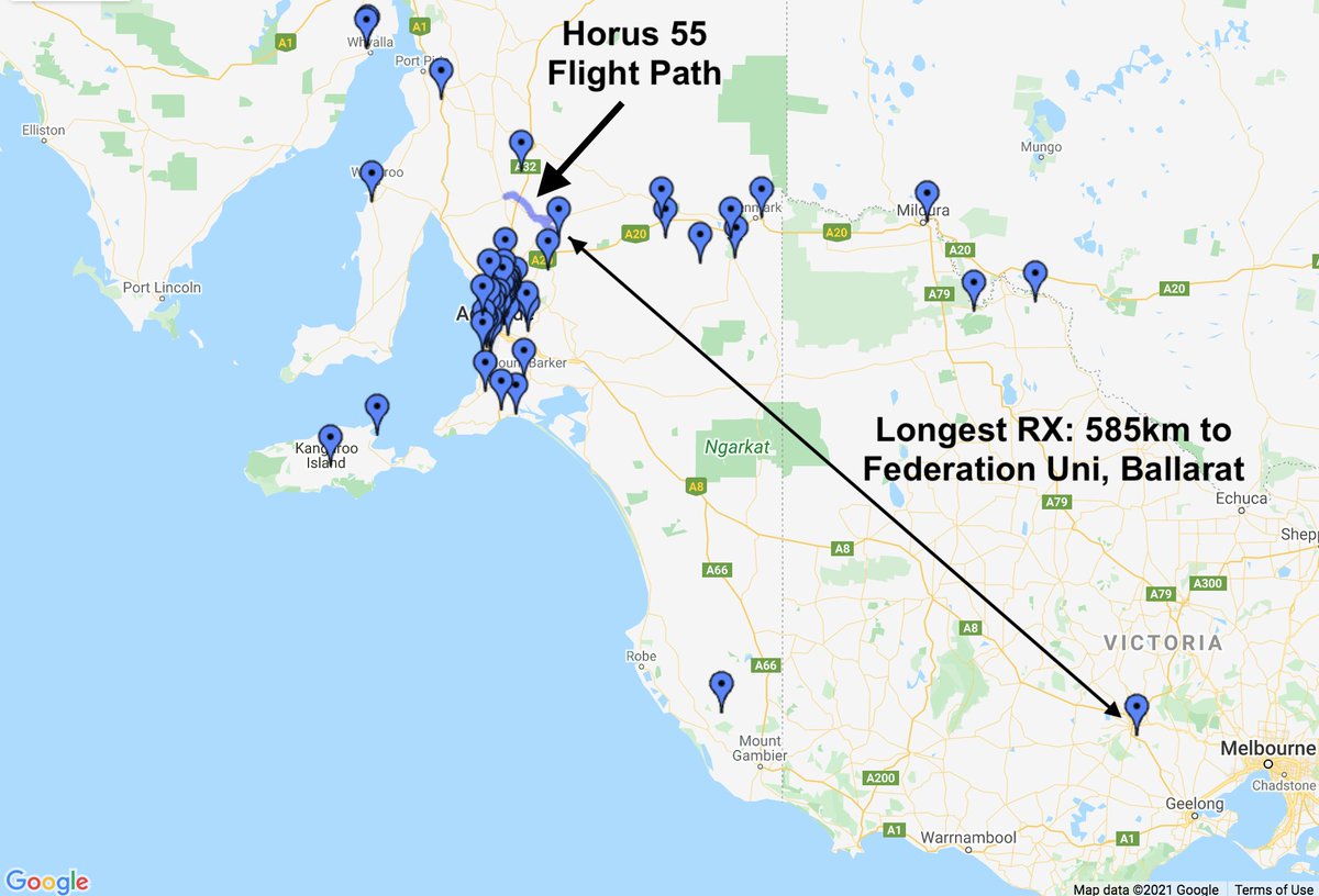 Along with the DVB-S payload we also had a LoRaWAN experiment from @vk5ljg - At the peak of the flight (32km altitude) packets were received 585km away in Ballarat, Victoria! Tracker was a RAK5205 with custom firmware ( github.com/darksidelemm/R… )