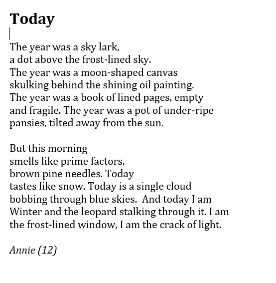 KateClanchy1's tweet photo. This is a 'first day back' poem. You ask for a string of metaphors about the past year - what flower, what book, what smell, what light - then for an image for today. Annie was starting Year 8. There is always hope. https://t.co/s7SUorqYfp