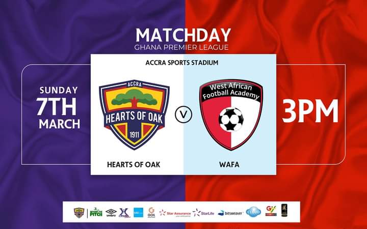 HeartsOfOakGH's tweet photo. 🔔MATCH-DAY LIVE 

⚽@HeartsOfOakGH 🆚 @WAFAcademySC
📆 Sunday 7th March 2021
🏟️ Accra Sports Stadium 
🕒 Time ⌚ 3:00pm
📺 Live on @startimesghana ( Adepa TV)
⛳ Accra 
📲 #HeartsWafa

🔴🟡🔵
#AHOSC
#GPLWK17
#HeartsWafa https://t.co/WvPPPmVqIP