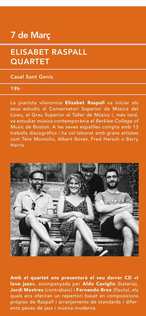 pianoservei's tweet photo. Seguim a Navàs! Avui amb ELISABET RASPALL QUARTET!
#ElisabetRaspall, amb 13 discs propis i varios guardons, ens presenta avui el seu darrer I LOVE JAZZ, amb #AldoCaviglia, bateria; #JordiMestres, contrabaix; #FernandoBrox, flauta.
Moltes ganes!
@AjuntamentNavas
#pianoservei https://t.co/Y396wnxt9U
