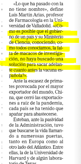 Menos mal que <a href="/PacoRego/">Paco Rego</a> siempre escribe algo interesante. La falta de monos para la vacuna española. El Gobierno pasa. Pero somos muy de ciencia, a tope con ella. Es verdad que China ha cerrado sus exportaciones, pero alguna solución encontraron los otros.