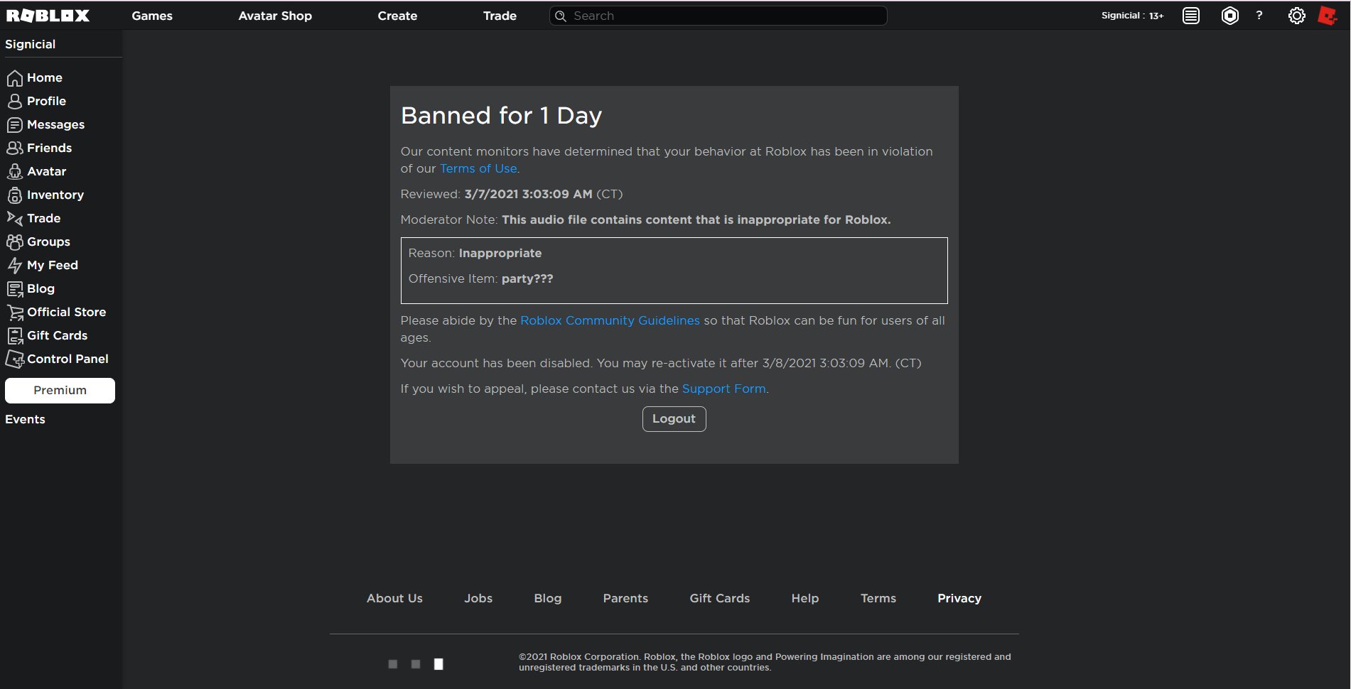 Signicial On Twitter Moderation Let S Gooooooo I M Banned Before Hey Sant The Arsenal Exploiter In Such A Way What A Sarcasm As A Star Program User Lmao Roblox Anyway I Guess 1 - roblox banned for 1 day