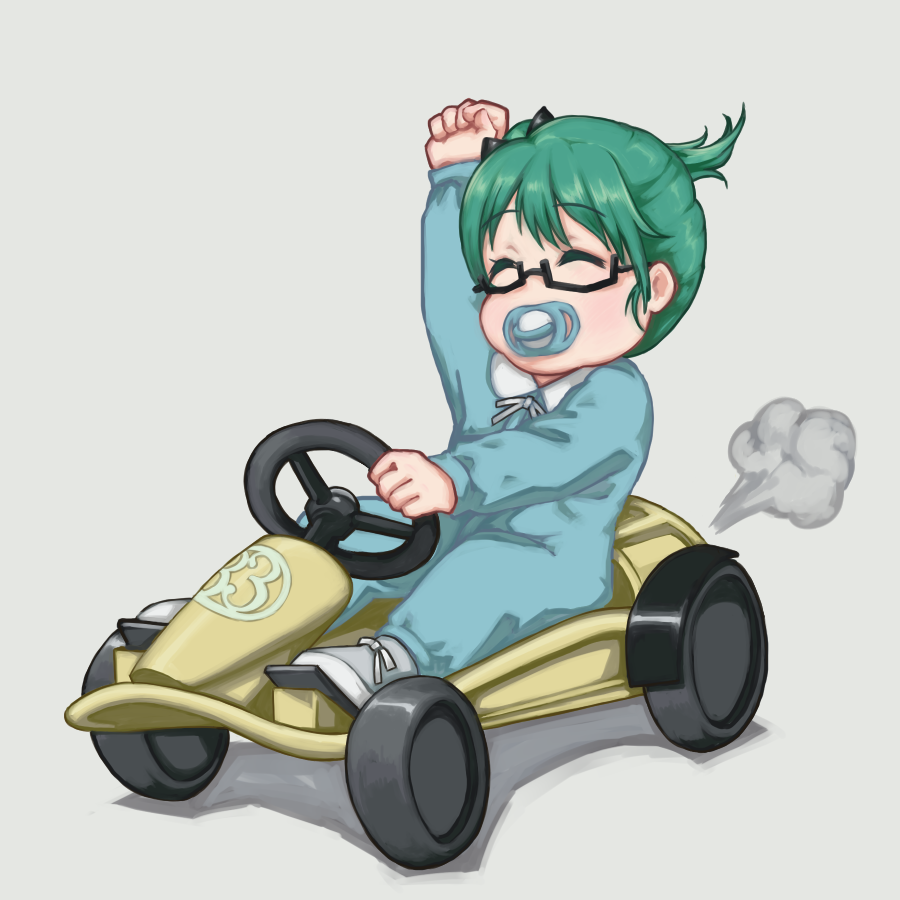 1girl green hair glasses solo aged down closed eyes white background  illustration images