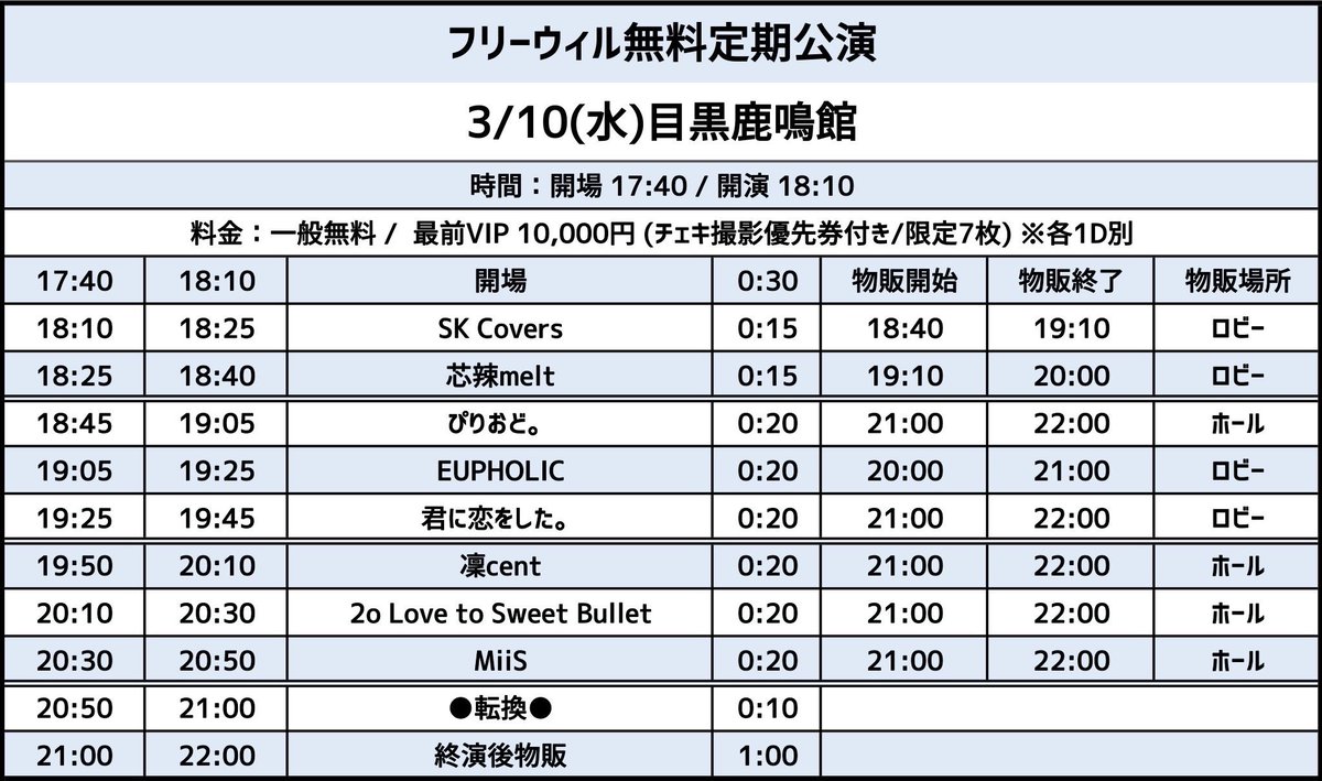 EUPHOLIC_IDOL's tweet photo. ▼3/10(水)目黒鹿鳴館

『フリーウィル RTで無料ライブ 25』
開場 17:40 / 開演 18:10
■一般 2000円  ※1D別
■最前VIP 10,000円 (チェキ撮影優先券３枚付き/限定7枚) 
＜予約＞ 3/8 21:00〜
■VIP
https://t.co/dTDk4xt2pI

■予約
https://t.co/EuhA3nZkr9
※該当ツイートをRTで無料になります https://t.co/1Fp2sLv9UY