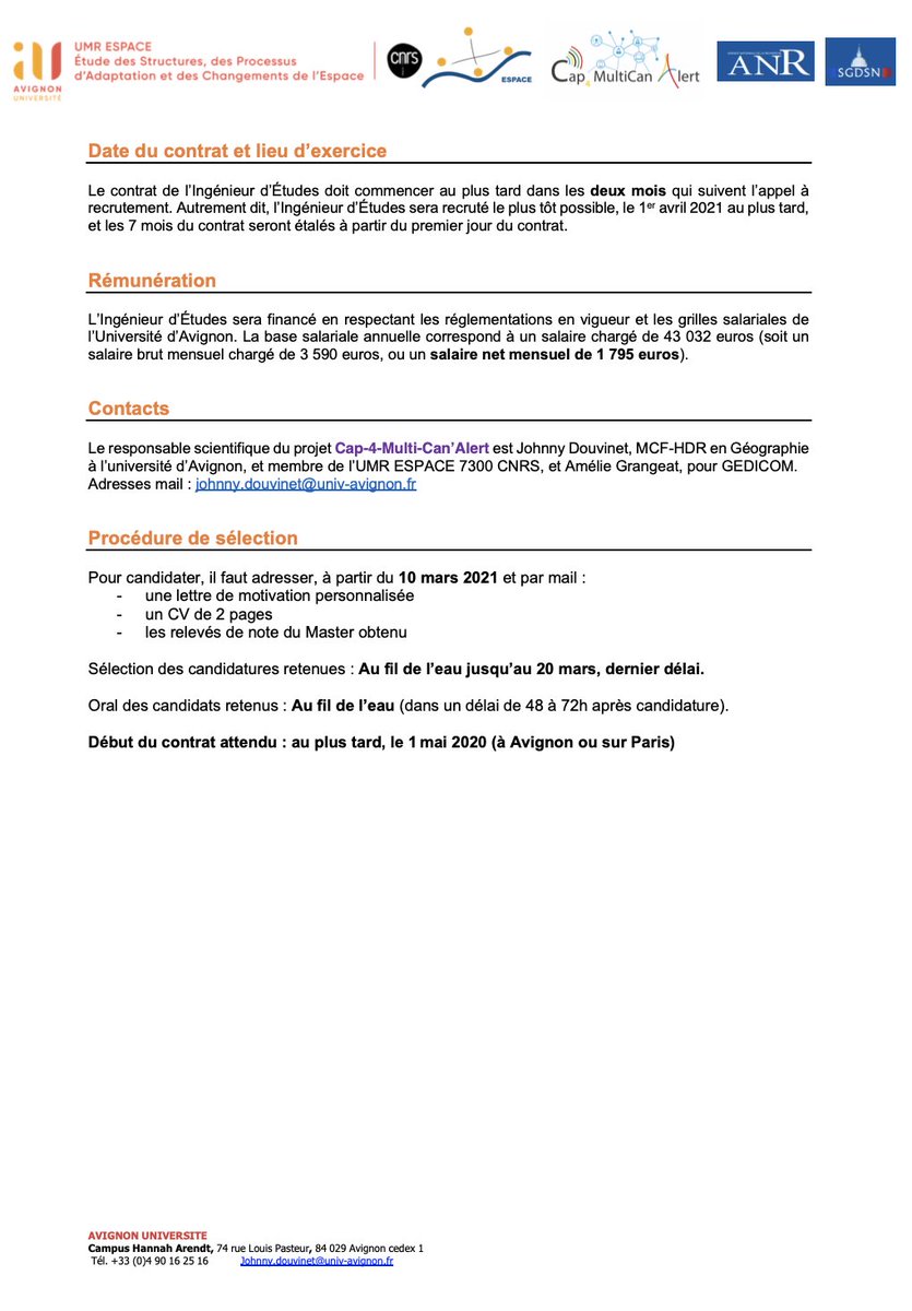 Gilles_Martin_'s tweet image. On recrute un Ingénieur d’Études (7 mois) dans le cadre du projet de recherche Cap 4 Multi Alert.
Sa mission si il/elle l&apos;accepte: cartographier les besoins opérationnels en matière d&apos;alerte à la population dans le cadre des Jeux Olympiques et Paralympiques de 2024 !
A partager
