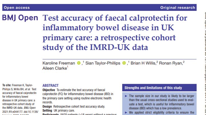 Karoline Freeman (@karolinefreem12) on Twitter photo Our test accuracy study using routine data is out. FC testing for IBD in primary care results in many more FP than NICE guidance suggests. Alternative diagnoses rather than missing data? Who do GPs test and why? <a href="/siantphillips2/">Sian Taylor-Phillips</a> <a href="/aileen_clarke/">Aileen Clarke</a> bmjopen.bmj.com/content/11/2/e… Our test accuracy study using routine data is out. FC testing for IBD in primary care results in many more FP than NICE guidance suggests. Alternative diagnoses rather than missing data? Who do GPs test and why? <a href="/siantphillips2/">Sian Taylor-Phillips</a> <a href="/aileen_clarke/">Aileen Clarke</a> bmjopen.bmj.com/content/11/2/e…