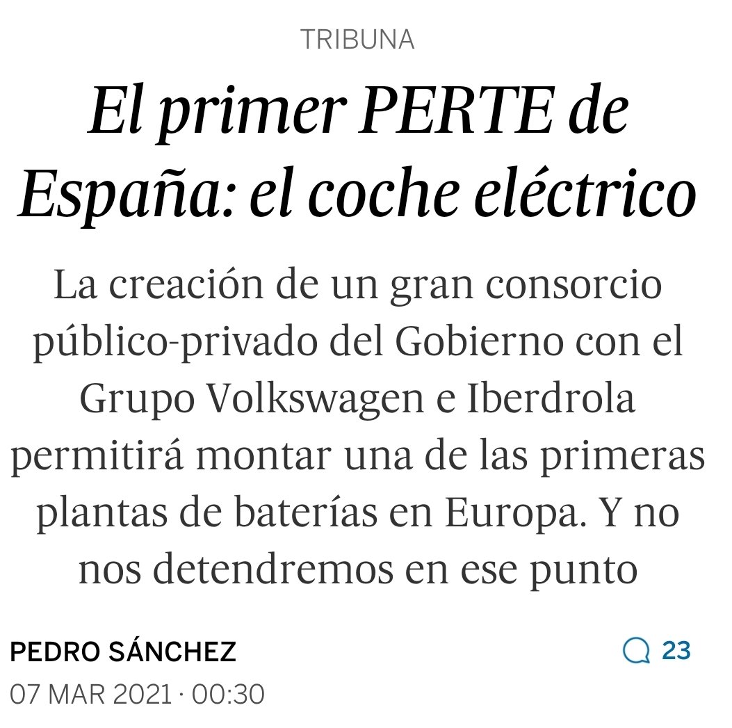 Es peor de lo que me imaginaba. El presidente del Gobierno (nada menos) anuncia el primer PERTE y ya da ÉL mismo por resuelta la adjudicación a Volswagen

¿Donde está la convocatoria con concurrencia competitiva? ¿Donde el acuerdo de aprobación del PERTE? 
elpais.com/opinion/2021-0…