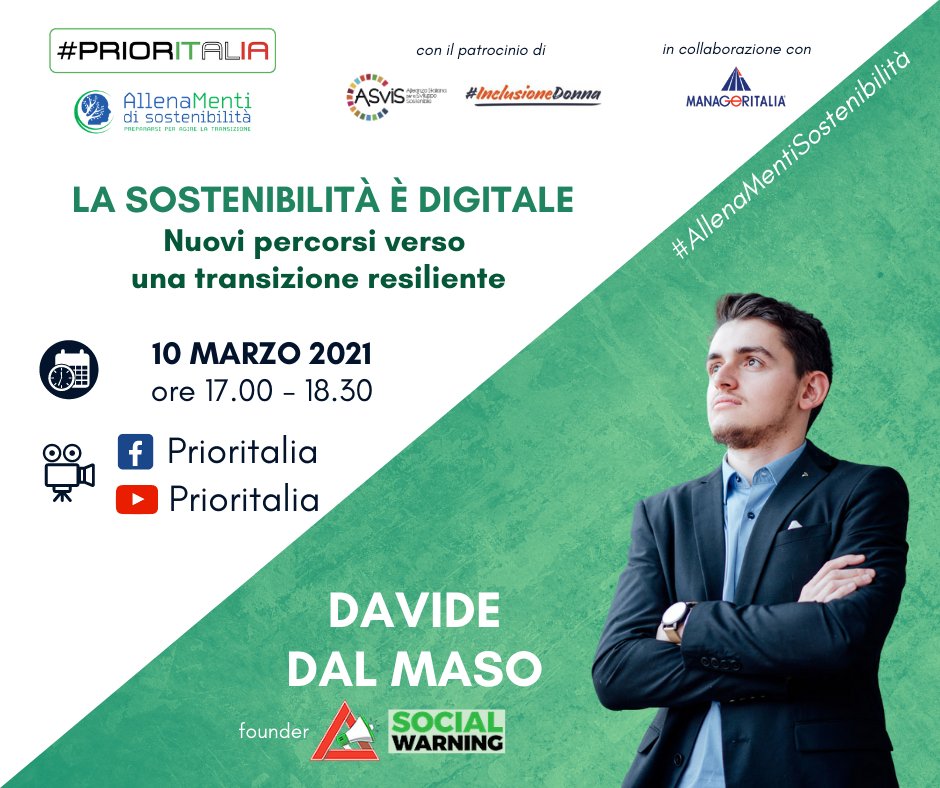 prioritalia's tweet photo. Volete conoscere gli ospiti che animeranno il dibattito nel corso dell'evento "La sostenibilità è digitale"? Partiamo con @Davide Dal Maso! 👇🏻

👨🏻‍💻 Classe 1995, secondo @ForbesItalia  tra i #TopUnder30, è il fondatore della no-profit #SocialWarning

[...] https://t.co/tFah6EEjAt https://t.co/VNuDR4VCeR