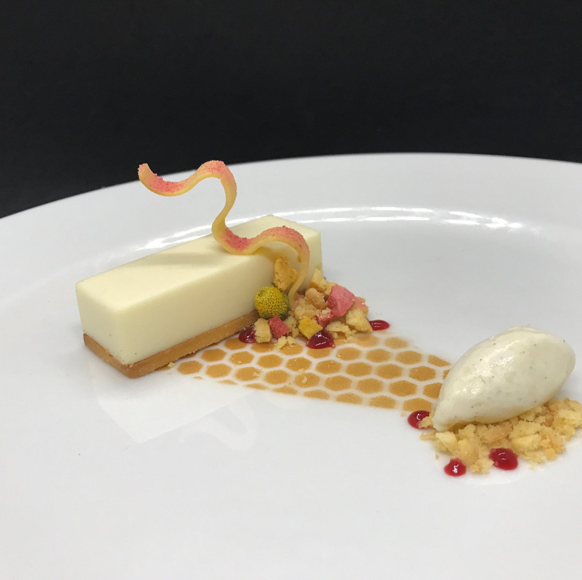 Entry from Barry Fleming <a href="/compassgroupuki/">Compass Group UK&I</a> ESS in the <a href="/koppertcressuk/">KoppertCress UAE-UK</a> and <a href="/SkillsforChefs/">Skills for Chefs</a> #sechuanbuttonchallenge Raspberry and Sechuan Button Cheesecake with Sechuan Button Ice Cream , Rasberry Gel and Sable Biscuit