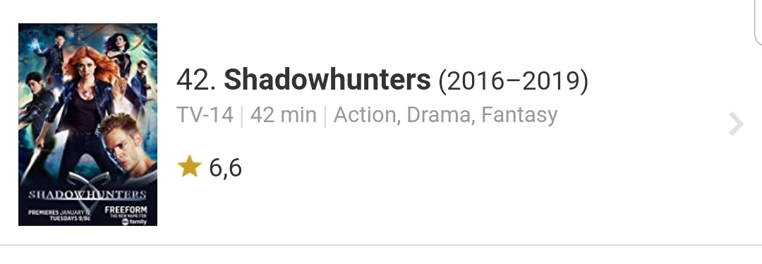 Imthedeathofme's tweet photo. #Shadowhunters is at 42 place in 
Top 100 most watched tv shows of all time 😍 #SaveShadowhunters ➰ https://t.co/CO9e7DztuW