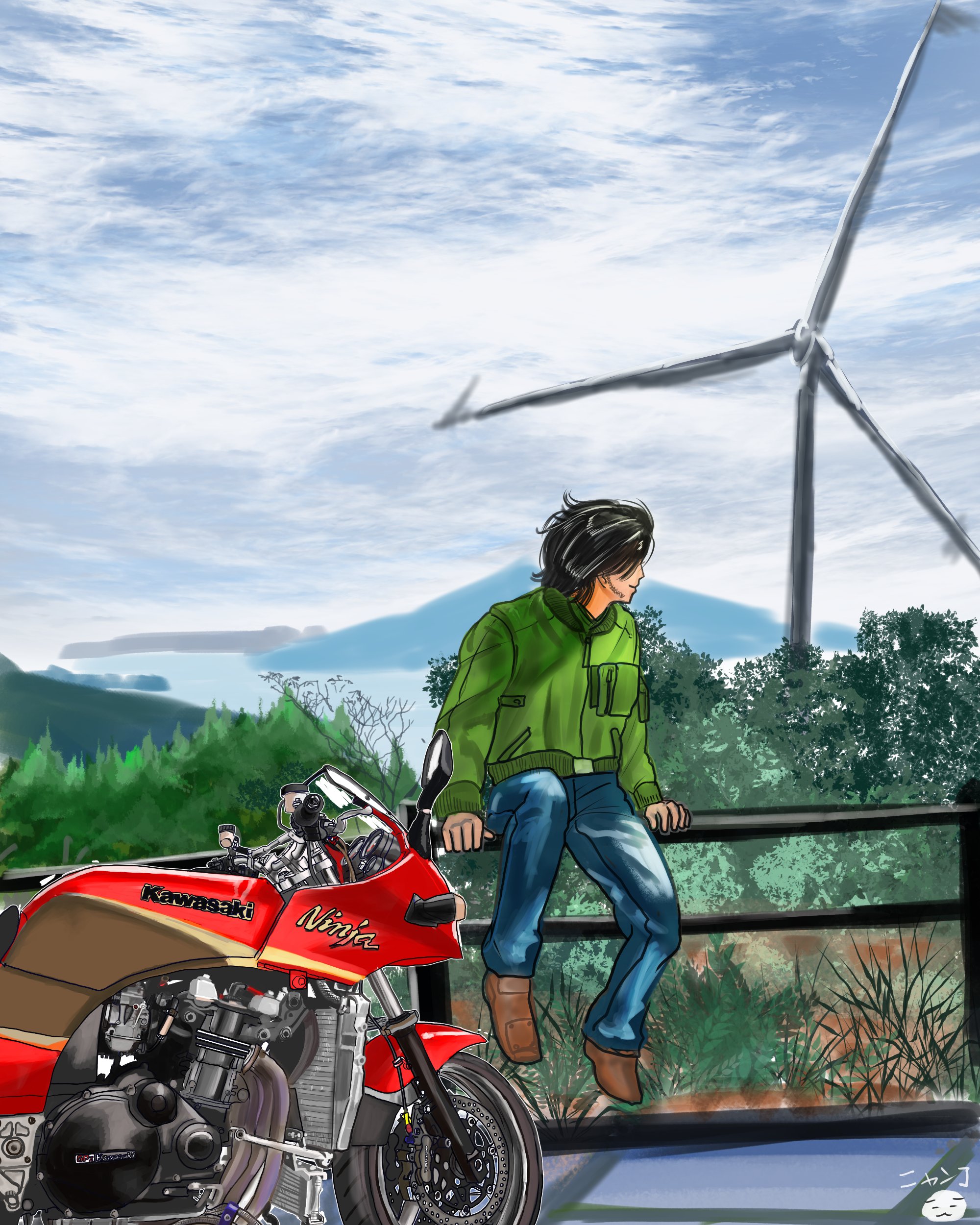 にゃんこサムライ イラスト制作屋 ツーリング先で風力発電の風車が印象的で圧倒的な迫力に見入ってしまう 絵柄が好みって人にフォローされたい バイク乗りと繋がりたい ｇｐｚ９００ｒ ソロツーリング 風車 イラスト好きな人と繋がりたい