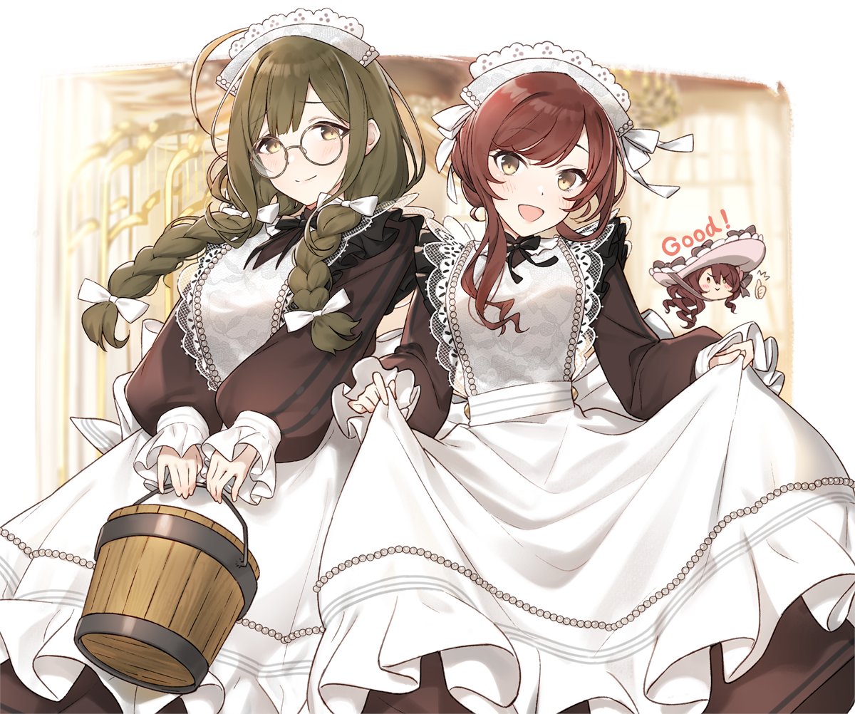 kuwayama chiyuki ,osaki amana multiple girls maid braid maid headdress glasses twin braids alternate costume  illustration images