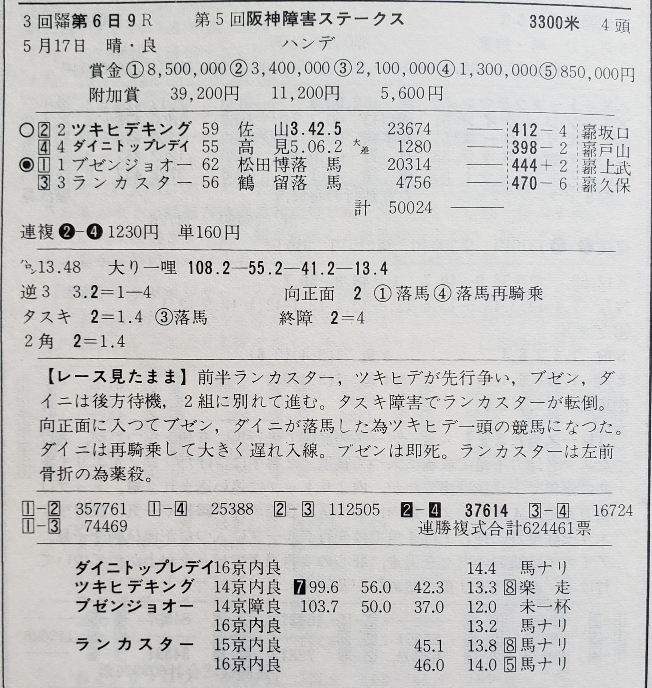 ビッグワン 1970年の阪神障害ステークス 出走馬4頭のうちタスキ障害で1頭 向正面で2頭が落馬 残ったツキヒデキングの単走となり 悠々と逃げ切って優勝 落馬した3頭の中で唯一再騎乗を果たしたダイニトップレディがツキヒデキングから1分23秒遅れで2着に