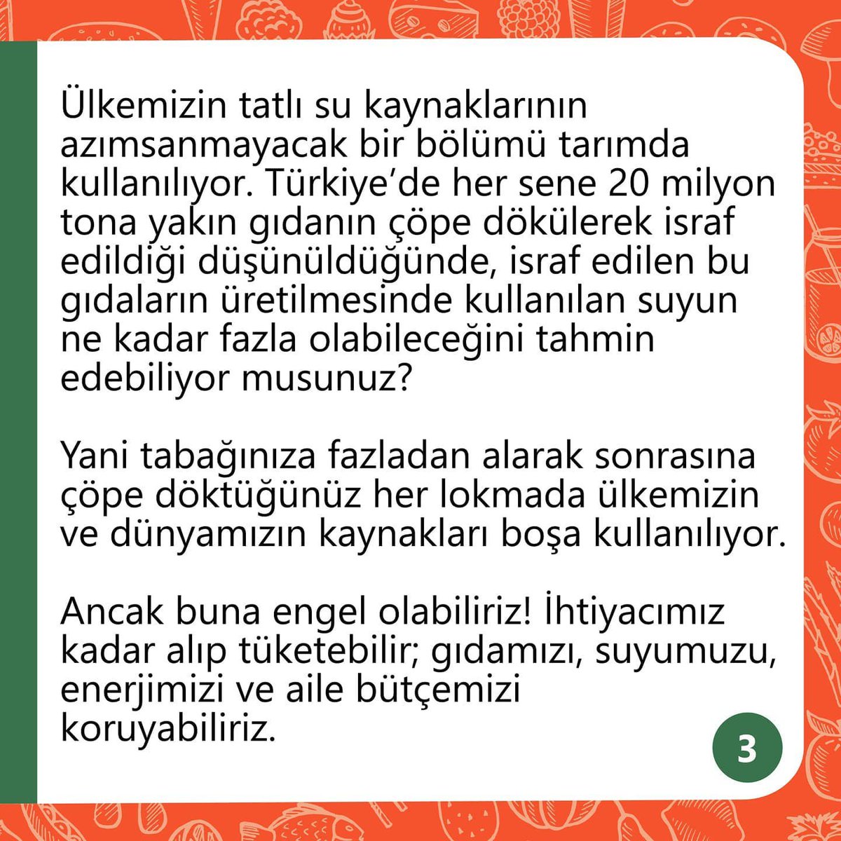 AybastB's tweet photo. İhtiyacımız kadar yemek yapalım, ihtiyacımız kadar ekmek alalım, ihtiyacımız kadar sebze ve meyve harcayalım.
Ve bilelim ki;
Çöpe dökülen yemek,
Çöpe atılan ekmek,
Çöpe atılan sebze ve meyve,
Mevcut nüfusa yetecek kadar var.
إن الله لا يحب المسرفين
"Allah israf edenleri sevmez." https://t.co/2dUPLR7fbY
