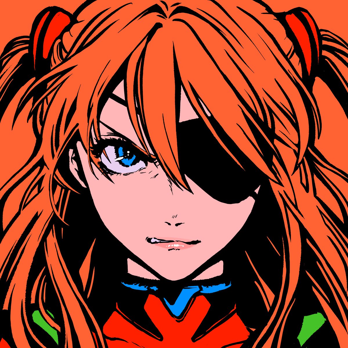 souryuu asuka langley 1girl solo eyepatch blue eyes orange background long hair orange hair  illustration images