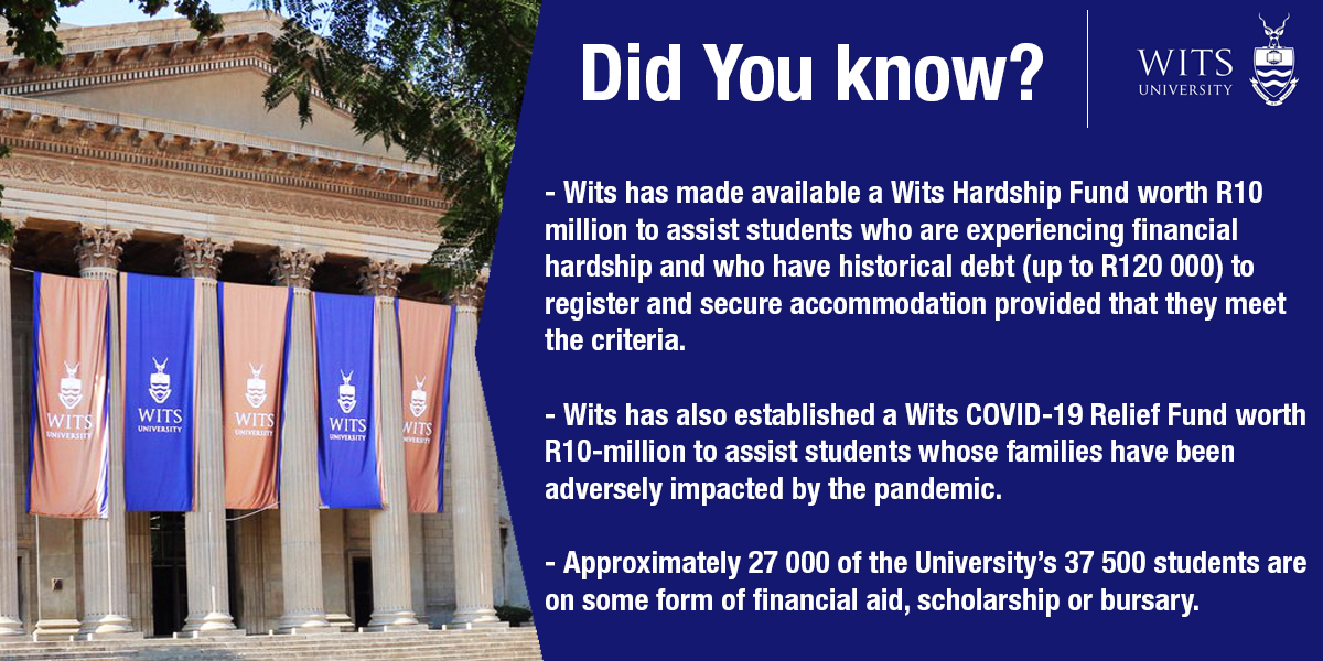 📢#DidYouKnow: Wits has made available a Wits Hardship Fund worth R10 million to assist students who are experiencing financial hardship. Read more facts: wits.ac.za/news/latest-ne…