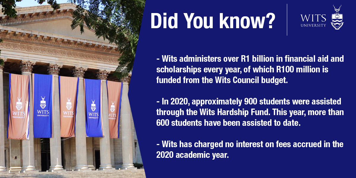 📢#DidYouKnow: Wits administers over R1 billion in financial aid and scholarships every year, of which R100 million is funded from the Wits Council budget. In 2020, approximately 900 students were assisted through the Wits Hardship Fund. Read more facts: wits.ac.za/news/latest-ne…